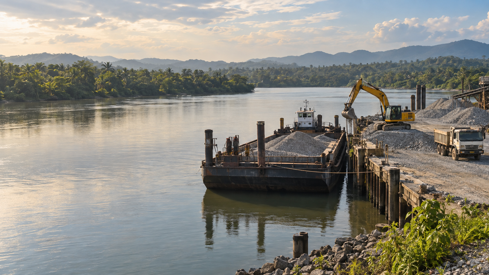Illustrative river jetty with a barge, excavator, and lorry